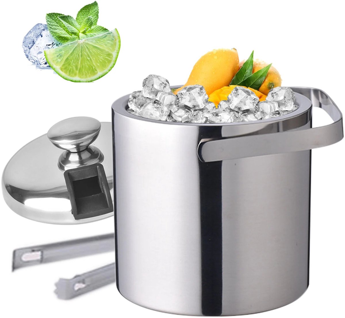 ZEYNOMAX - Dailygoods 1,3L dubbelwandige geïsoleerde ijsemmer roestvrijstalen ijsblokjesdrankcontainer zilver met ijstang en deksel