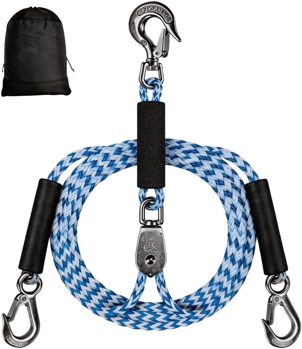 Sleepkabel Watersport - Trekband Boot - Veilig Varen - 360 Draaibare Katrol - 2.4 Meter - Blauw Wit