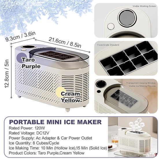 KZQ Ijsblokjesmachine - Mini-ijsblokjesmachine voor in de auto - Draagbare ijsblokjesmachine voor op het aanrecht - Maakt 8 ijsblokjes - Snelle ijsproductie in 10 minuten - 12V-autoadapter - Geschikt voor thuis en buitenshuis - Paars van kzq — afbeelding 4