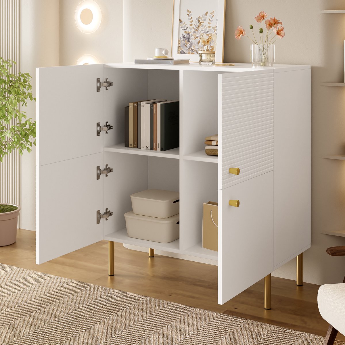 FloraGrace Dressoir - Modern Opbergmeubel Met Verticale Deurstructuur - Voor Woonkamer Slaapkamer En Hal - MDF - 80x36x90 Cm - Wit