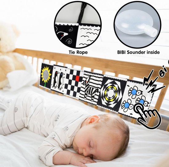 COOAU - Baby hoog contrast sensorisch speelgoed set - zacht stoffen boek + knisperende rammelaar kubus met bijtring - zwart-wit tummy time speelgoed voor baby's - 3 STUKS van Cooau — afbeelding 3
