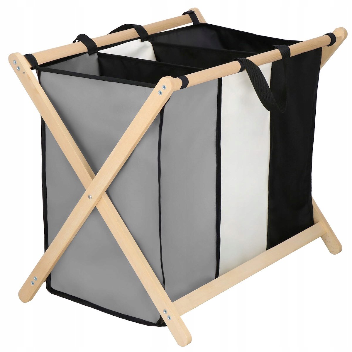 Springos 3-Vaks Wasmand 105L Hout & Stof Opvouwbaar