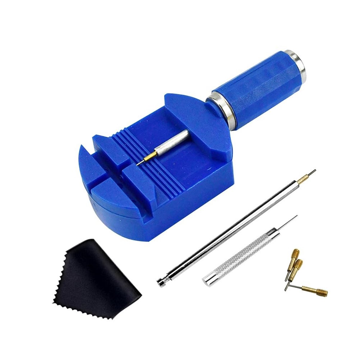 BRENZOOS- Reparatieset Horlogemakers - Horlogeband/Schakelverwijderaar - Drukknop/Veerdrukknop - Stalen Stempel/Doek - Professionele Kit - Blauw - Horlogereparatieset