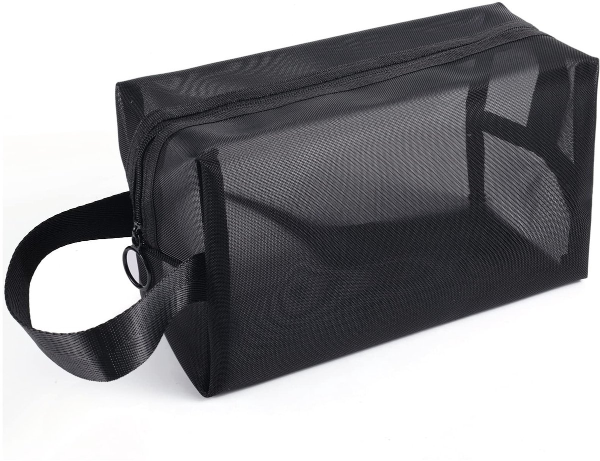 JHUBERS- Douchetas Zwart - Mesh Douchetas - Ophangtas - Cosmetica-Organizer - Draagtas - 21 x 12 x 8 cm - Ademend en snel drogend - Toilettas