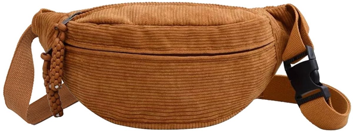 BRENZOOS- Buiktas modieuze corduroy - Heuptasje uniseks - Schoudertas verstelbaar - Sporttas 34x15 cm - Geelbruin - Draagcomfort verhogen