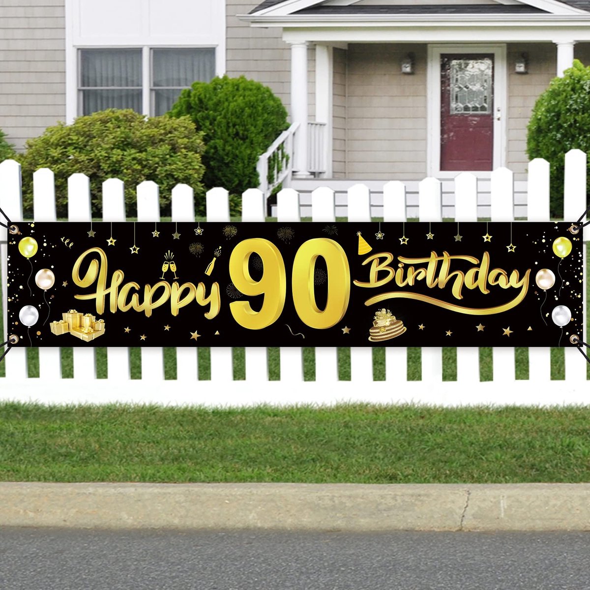 BRENZOOS- Verjaardagsbanner 90e verjaardag - Feestdecoratie - Herbruikbaar - Weerbestendig - Polyesterweefsel - Uniek design