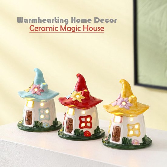 LED Nachtlampje - Keramiek lamp - Nachtlampje in een schattige vorm - Keramische huisjes in 'Magic Hat'-stijl - rustieke tafeldecoratie - Ideaal voor Kinderkamer & Slaapkamer - Baby & Kinderkamer Decoratie - Geel — afbeelding 5