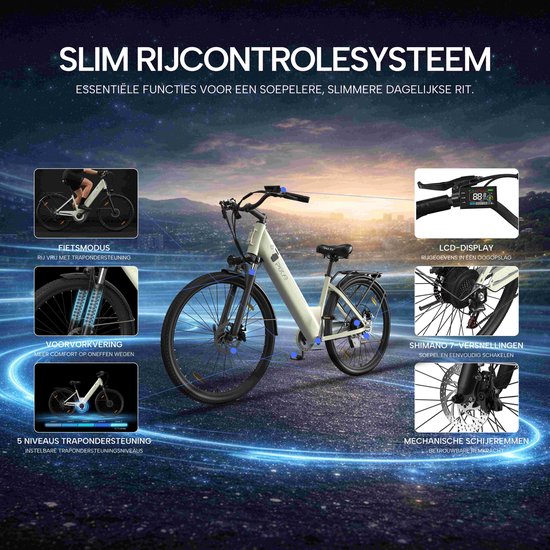 Galaxy C1 Elektrische Fiets 27.5 Inch - 36V 13Ah Accu - Actieradius tot 50 km - Shimano 7 Versnellingen - 250W Motor - Verende Voorvork - LCD Display - Mechanische Schijfremmen-wit van galaxy — afbeelding 5