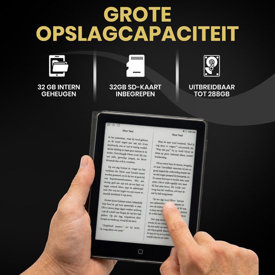Vingers bedienen e-reader met boekpagina's, 32GB opslag, uitbreidbaar tot 288GB.
