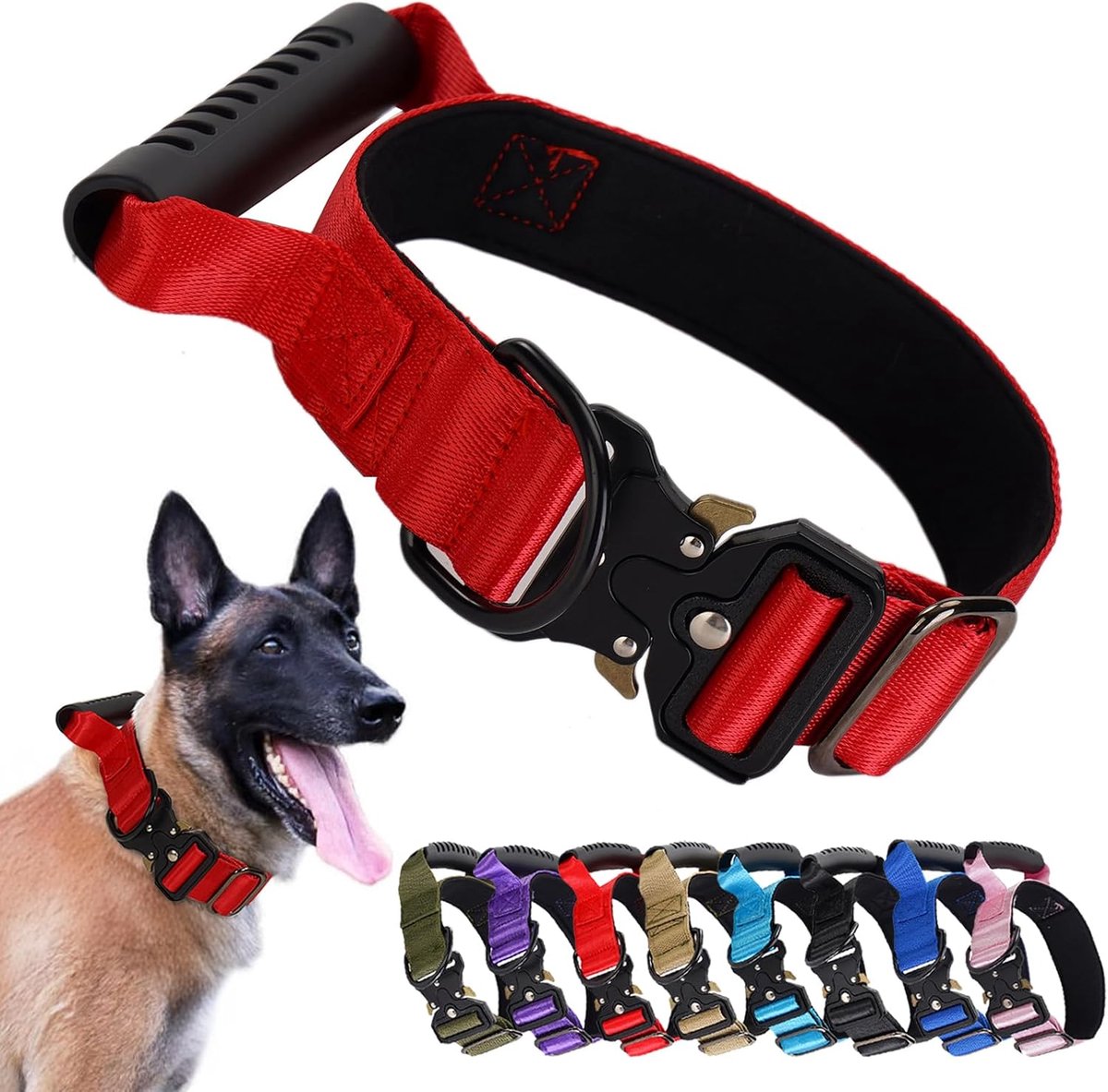 COOAU - Tactische Hondenhalsband met Handvat - Stevig Nylon Halsband met Snelsluiting Metalen Gesp - Verstelbaar Militair Halsband voor Grote Honden Training