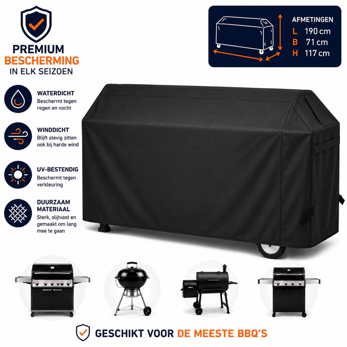 MeuvelsvanJoep BBQ Hoes - Waterdichte beschermhoes - UV bescherming - Maat 190 x 71 x 117 cm - Met trekkoord