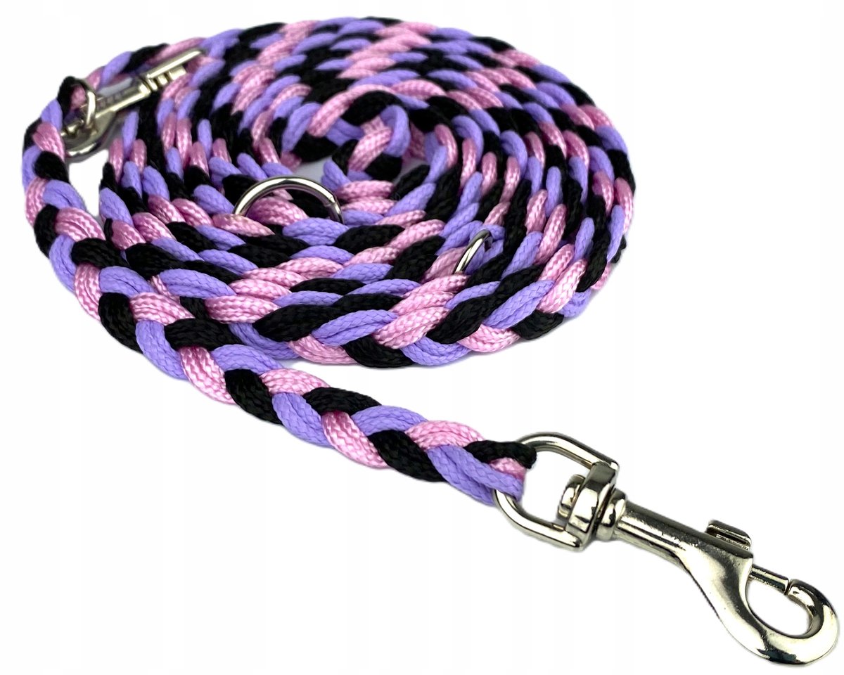 Verstelbare Hondensnoer Gevlochten 220cm/10mm Zwart/Heide/Roze