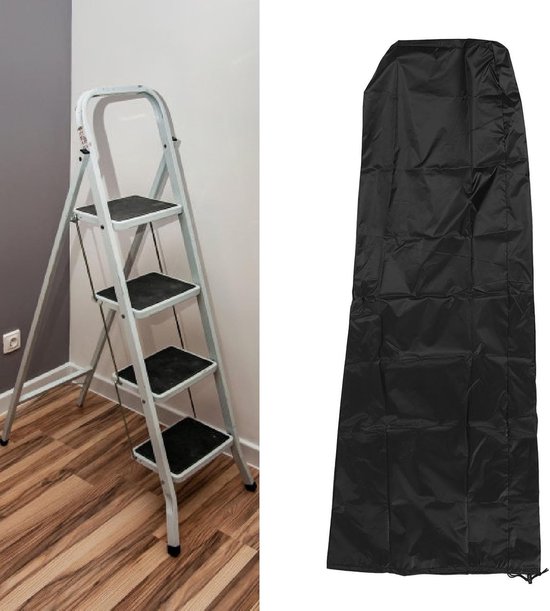 Zwarte, rechtopstaande ladderhoes naast een witte, opvouwbare ladder met vier treden.
