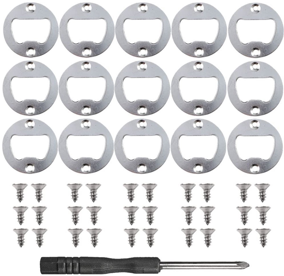 Dailygoods- Flesopener Roestvrij Staal - Inlegdeel 4 cm - 15 Stuks - Schroeven 30 Stuks - Schroevendraaier 8 cm - Compact en Duurzaam - Bieropener