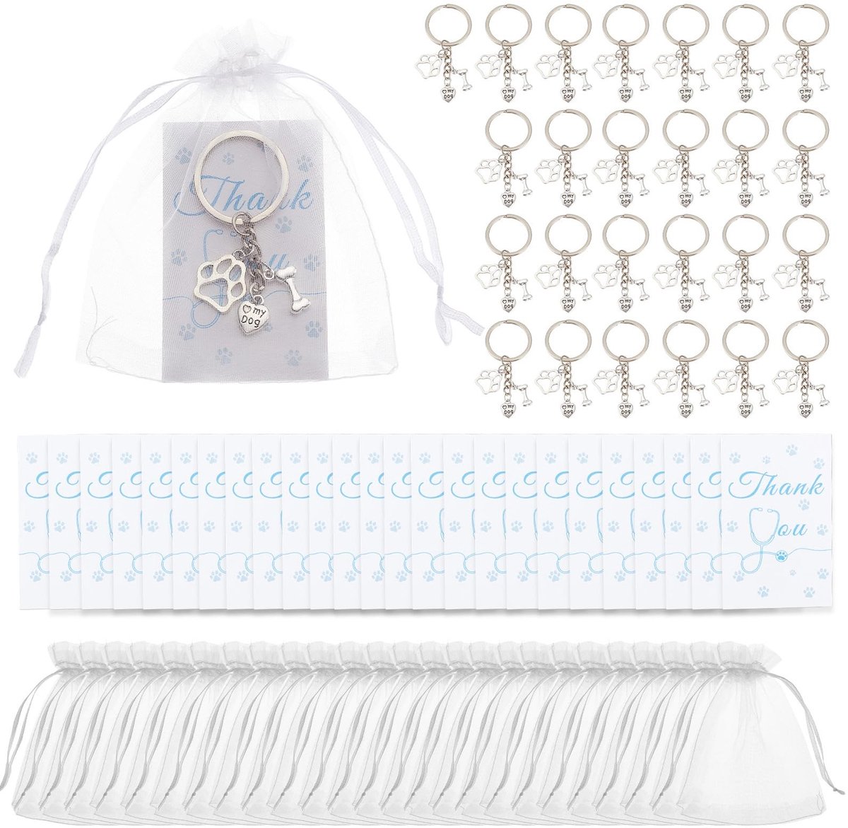 Dailygoods- Kerstcadeauset 25 stuks - Dierenartsentechnici - Sleutelhanger - Bedankkaarten - Organza zakjes - Licht en draagbaar - Dierenarts Cadeau