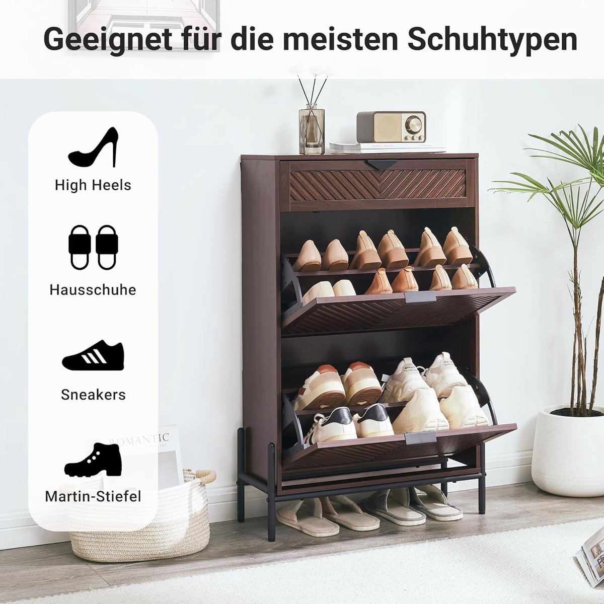 Schoenenkast met 2 Kleppen en Lade | House&Garden Bristol Smalle Schoenenkast Bruin | Ruimtebesparende Schoenenopberger voor Hal en Gang | Houten Schoenenkast met Verstelbare Vakken | 57 x 24 x 98 cm