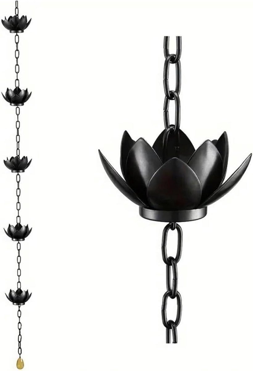 Regenkettingen Ijzer - Waterafvoer Ketting - Decoratieve Waterafvoer - Lotus Ontwerp - 12 Meter - Zwart