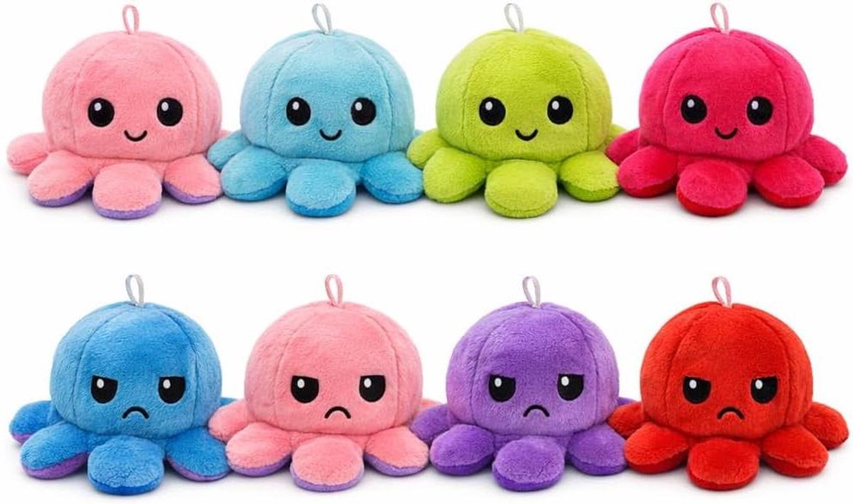 Octopus Knuffel - Omkeerbare Pluche - Emoties Uiten - Dubbelzijdig Design - 10 cm - Veelkleurig