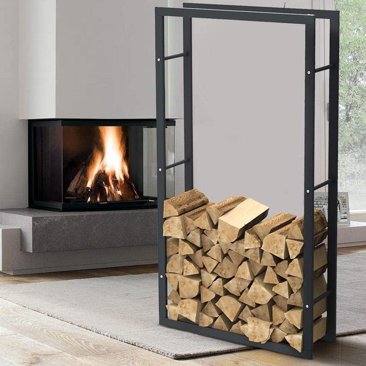 Brandhoutstandaard Metaal - Houtopslag Rek - Hout Opslaan - Gepoedercoat Metaal - 150 x 80 x 25 cm - Zwart