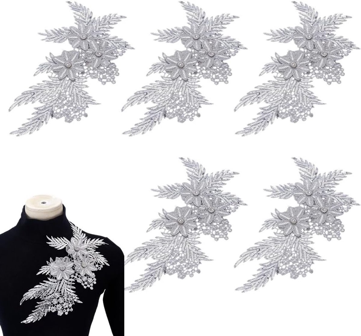 6 Stuks Bruiloft Naai Appliqué, 12 x 6.5 Inch Gele Blad Sequins en Rhinestone Patch voor Bruidsjurk, Avondjurk en Decoratie van Sierband en Accessoires