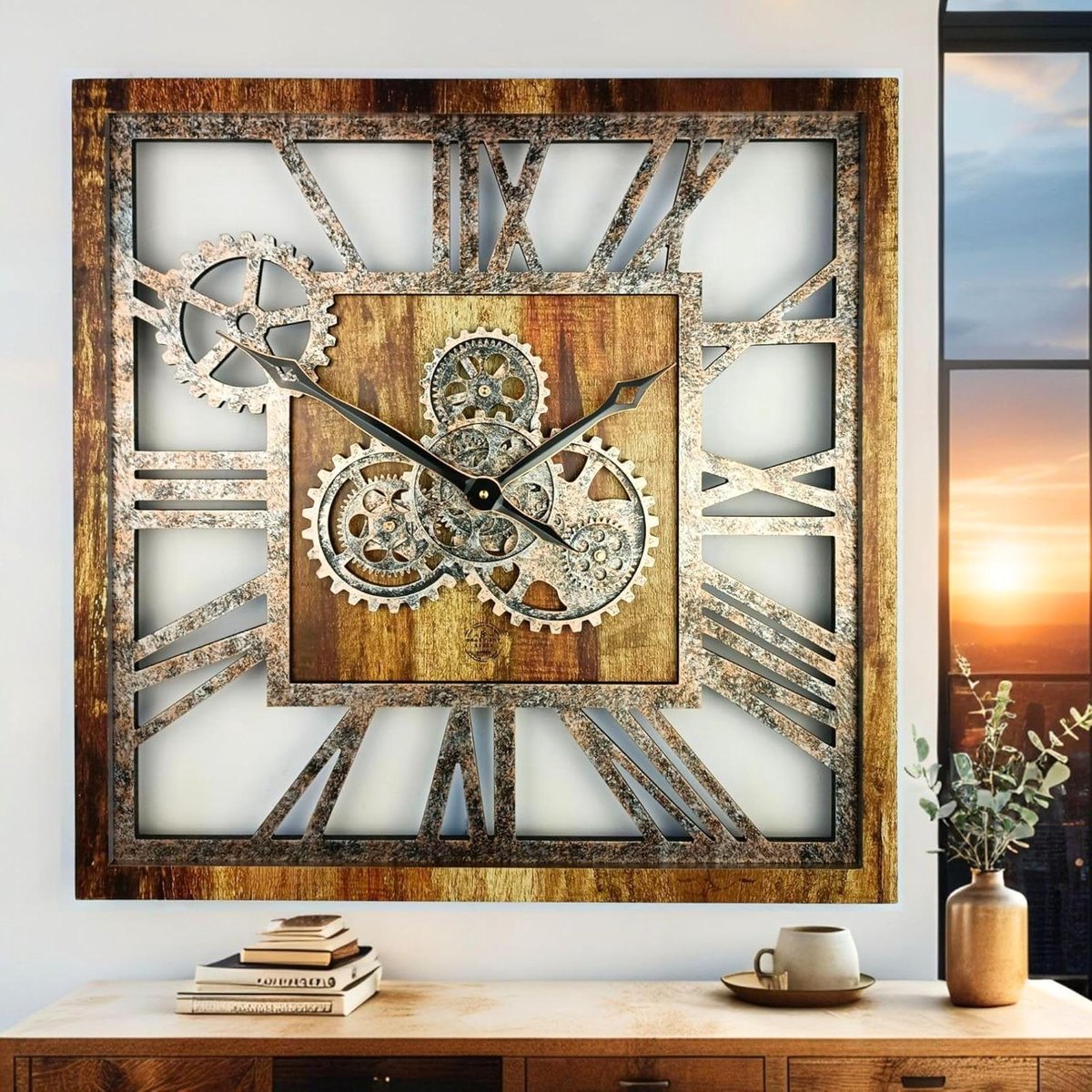 Wandklok - Tandwiel klok - Decoratie in huis - Bewegende tandwielen - 60 cm vierkant - Vintage bruin