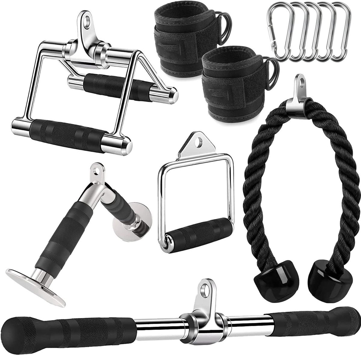 Kabelmachine Accessoires Set - Fitness Handgrepen - Kracht Training - 360 Graden Rotatie - 9.04 kg - Zwart