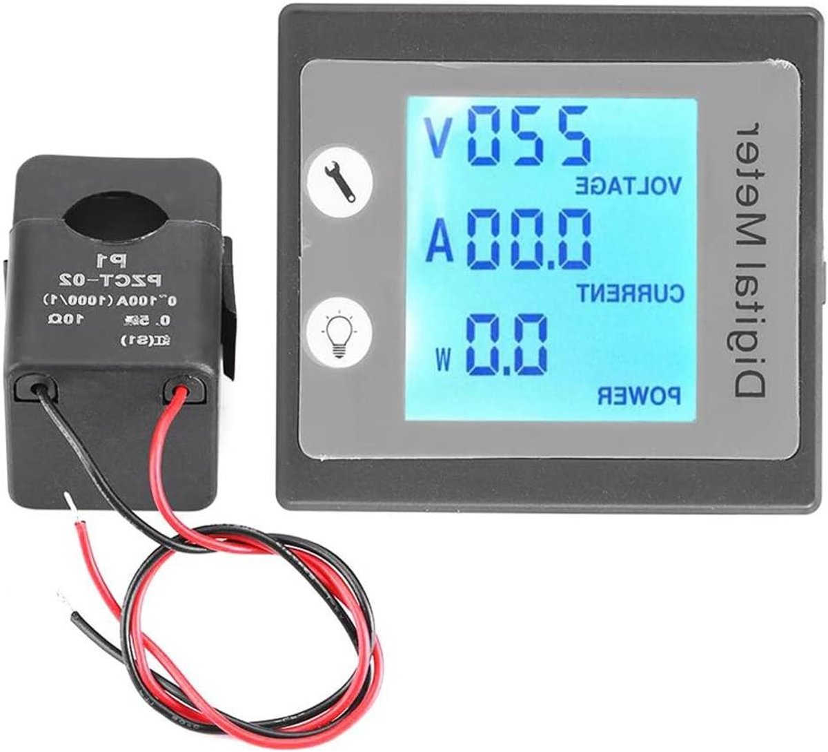 Digitale energiemeter - Wattmeter Voltmeter - Energieverbruik meten - STN Full View LCD - 100A 22KW - Zwart