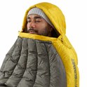 Man met grijze muts in een gele capuchon en donkergrijze slaapzak.