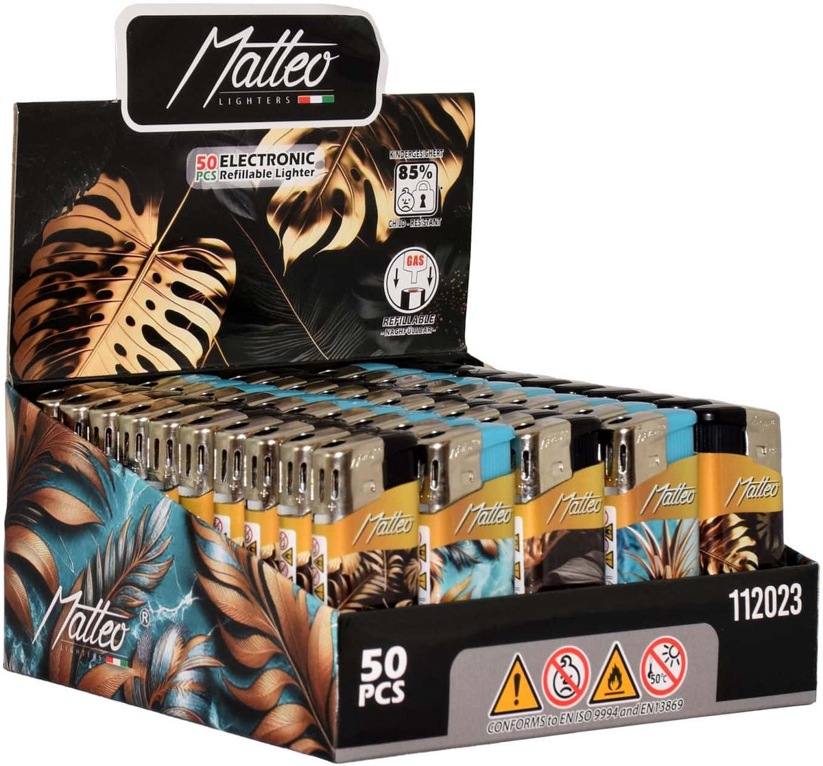 Matteo Mini Elektronische Navulbare Aanstekers 'Gold Blue Tropical' Display (50 stuks)
