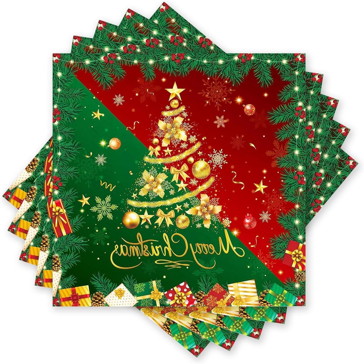 Kerstservetten in rood-groen design met dennenboom en gouden decoratie, 20 stuks voor feestelijke tafeldecoratie en kerstfeesten