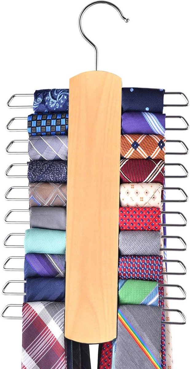 Houten Stropdas Hanger - Riem Organizer - Kast Ordenen - Antislip Afwerking - 20 Haken - Walnoot