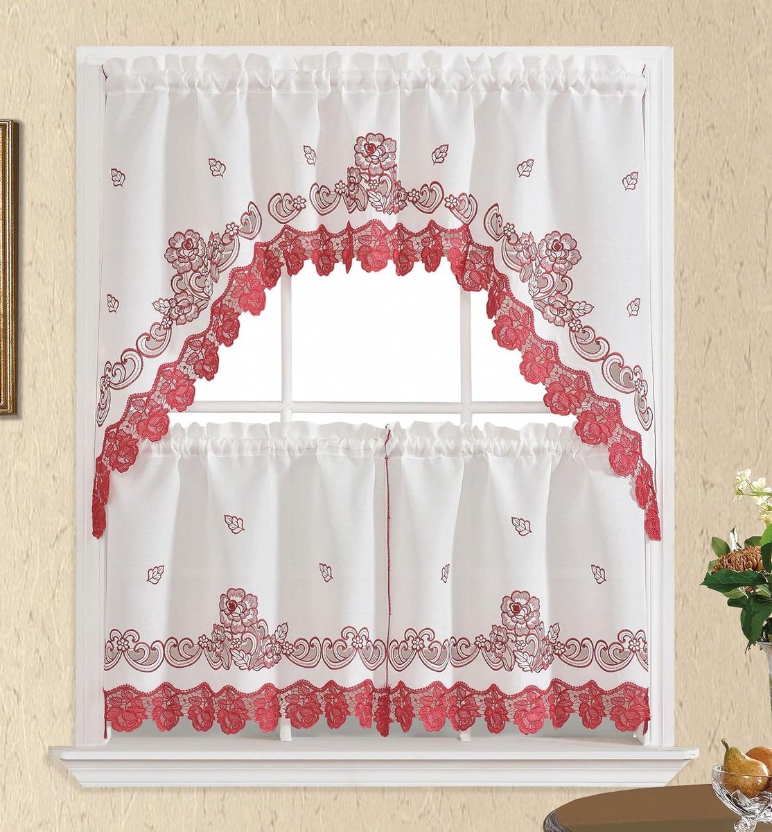Keukengordijnen Set - Raambekleding Stof - Keuken Decoratie - Rozen Borduurwerk - 3 Stuks - Wit Rood