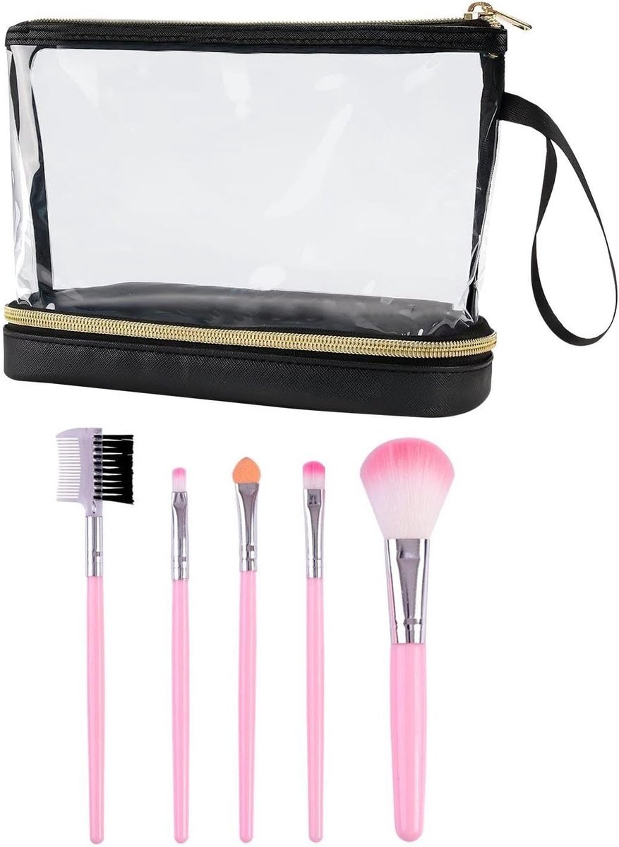 Waterdichte Transparante Make-up Tas met 5 Roze Make-up Kwasten, Handige Reisaccessoires, Grote Capaciteit voor Organisatie en Opslag