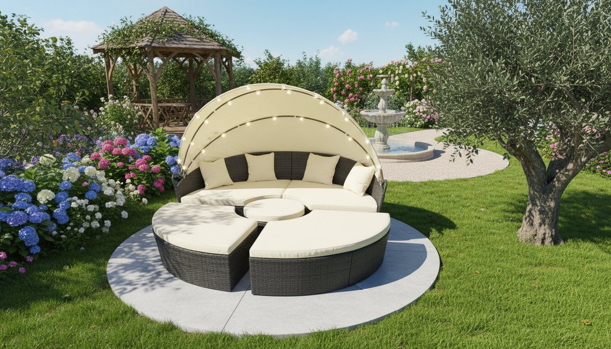 Zonne-eiland Lounge 210 cm – Luxe Polyrotan Outdoor Ligbed met LED-verlichting & Zonnepaneel – Modern Zwart Tuin Daybed met Kussens & Afdekhoes – Weerbestendig 2 Persoons Zonnebed – abtkantoor