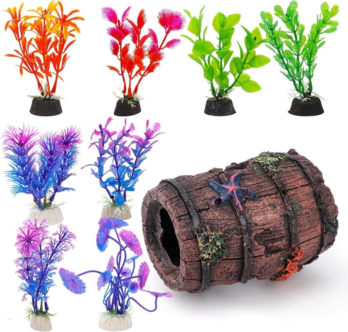 Decoratieve Accessoires voor het Aquarium, 1 Hars Sterrenvis Emmer, 8 Kunstmatige Waterplanten, Veilig voor Vissen, Levendige Kleuren en Unieke Aquariumdecoratie