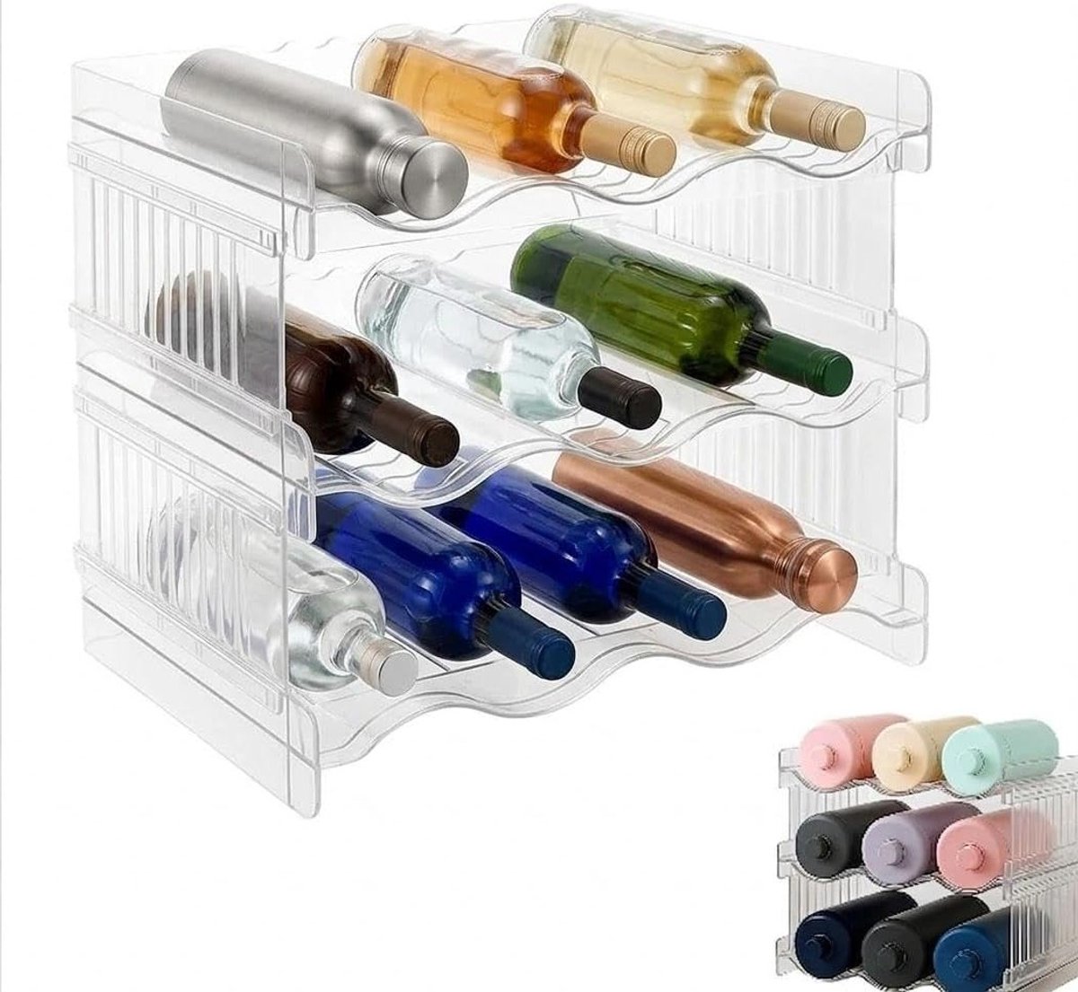 Flessenorganiser voor koelkast en kast, stapelbare flessenhouder met 3 niveaus, ideaal voor waterflessen, dranken en wijn