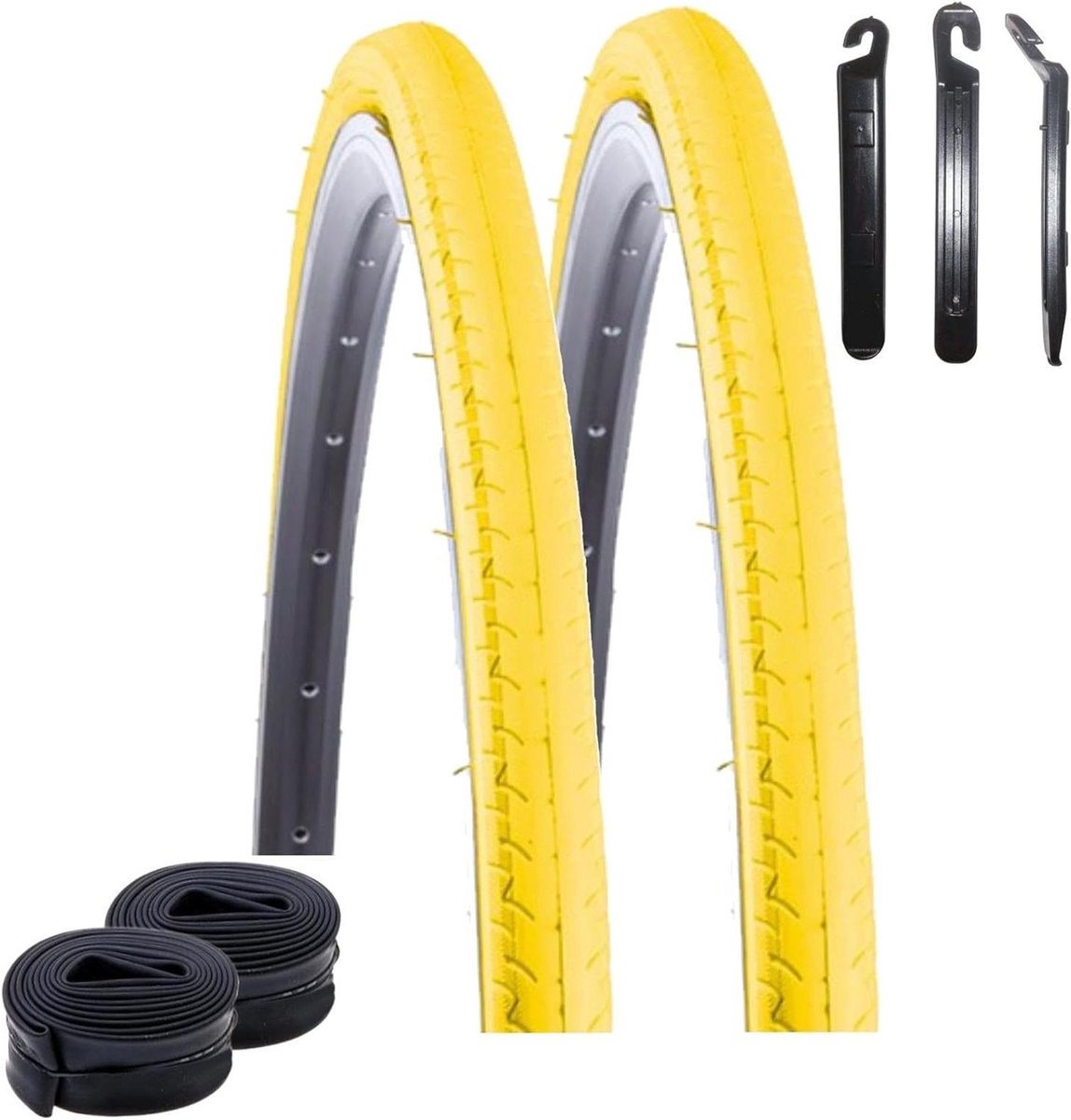 Racefiets Bandenset - Racebanden Clincher - Fietsen Onderhoud - Inclusief Bandenlichters - 700 x 26C - Geel