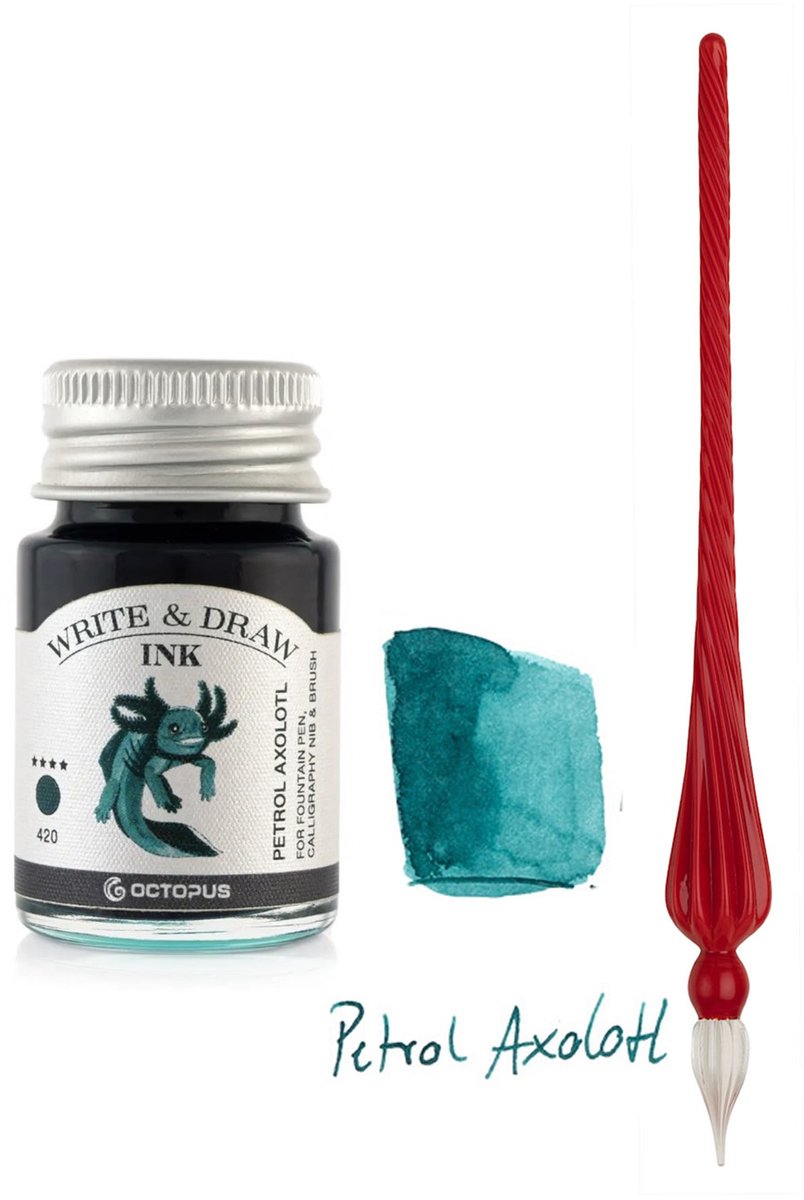 Glazen dip pen set in doosje - Rood - Potje Octopus inkt petrol axoloth