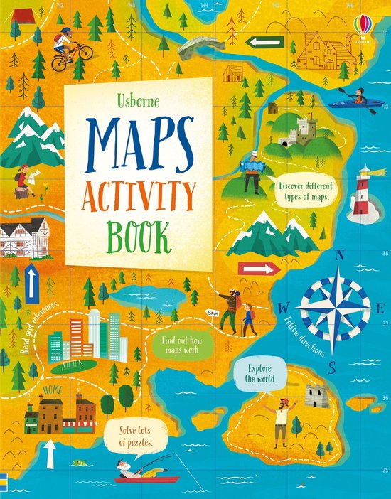De kaft van het Usborne MAPS ACTIVITY BOOK toont een kleurrijke wereldkaart met illustraties van activiteiten zoals fietsen, kajakken en wandelen.
