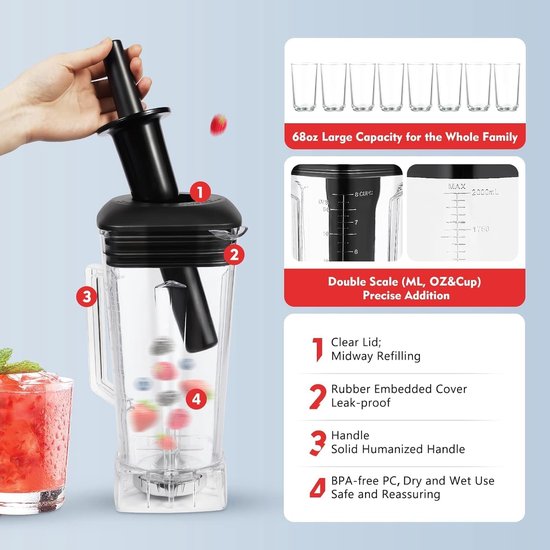 Krachtige Blender - Hogesnelheid Mixer - Smoothies Maken - Geluidsarm Ontwerp - 2 Liter Kan - Rood — afbeelding 2