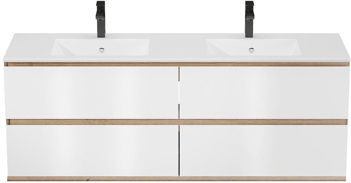 Vente-unique Hangmeubel voor badkamer met inbouwwastafel - Licht naturel en wit - 150 cm - SABURI