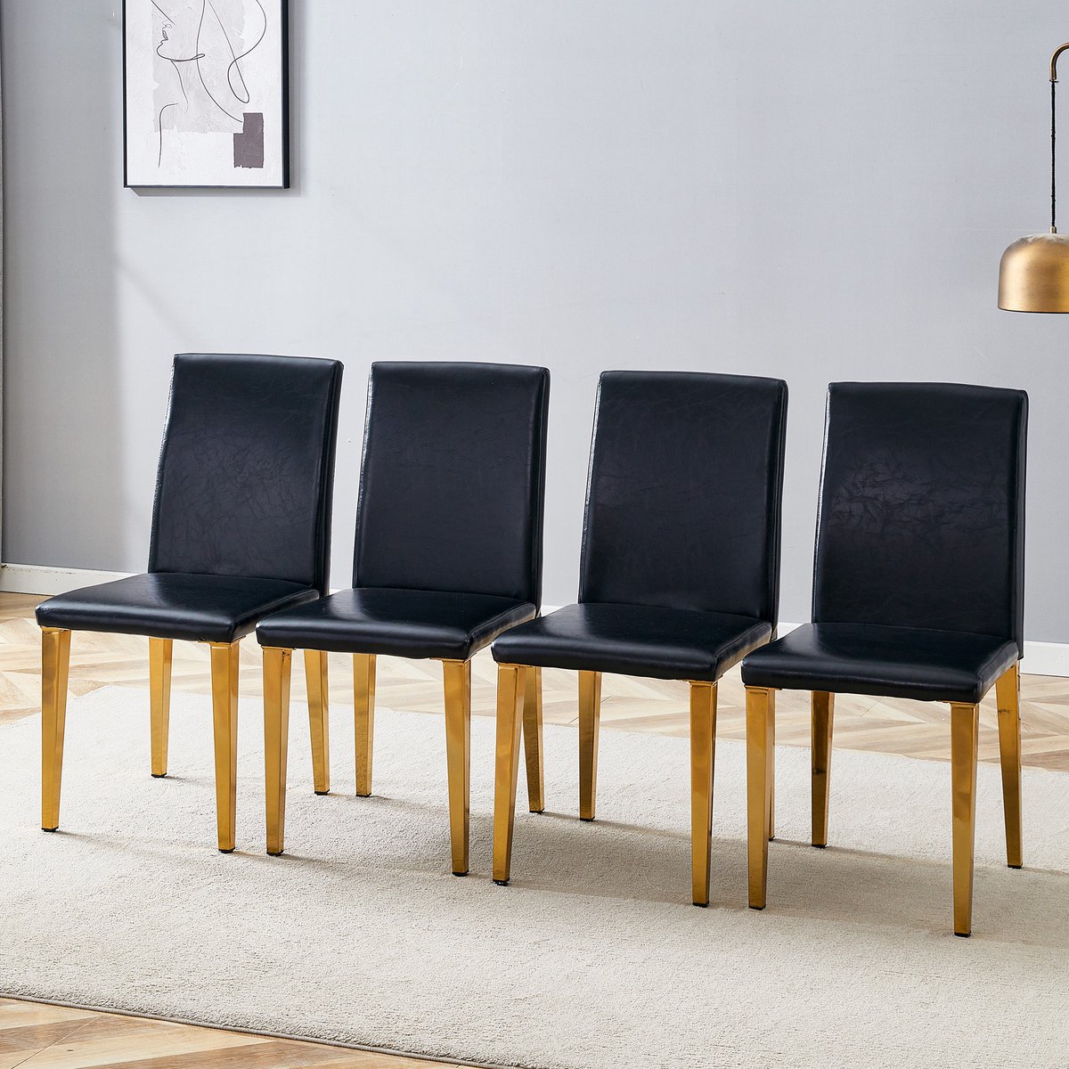 Clruro Eetkamerstoelen - Set van 4 - Eetkamerstoel Leicht-Luxus gouden metalen poten - modern Europees design voor woonkamer en eetkamer - PU Leder Metaal - Zwart Zwart+Goud