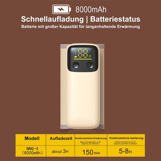 Draagbare flessenwarmer voor baby's met een ingebouwde 8000mAh-batterij, die moedermelk 4-8 uur warm kan houden, draadloze verwarming en een led-display. — afbeelding 4