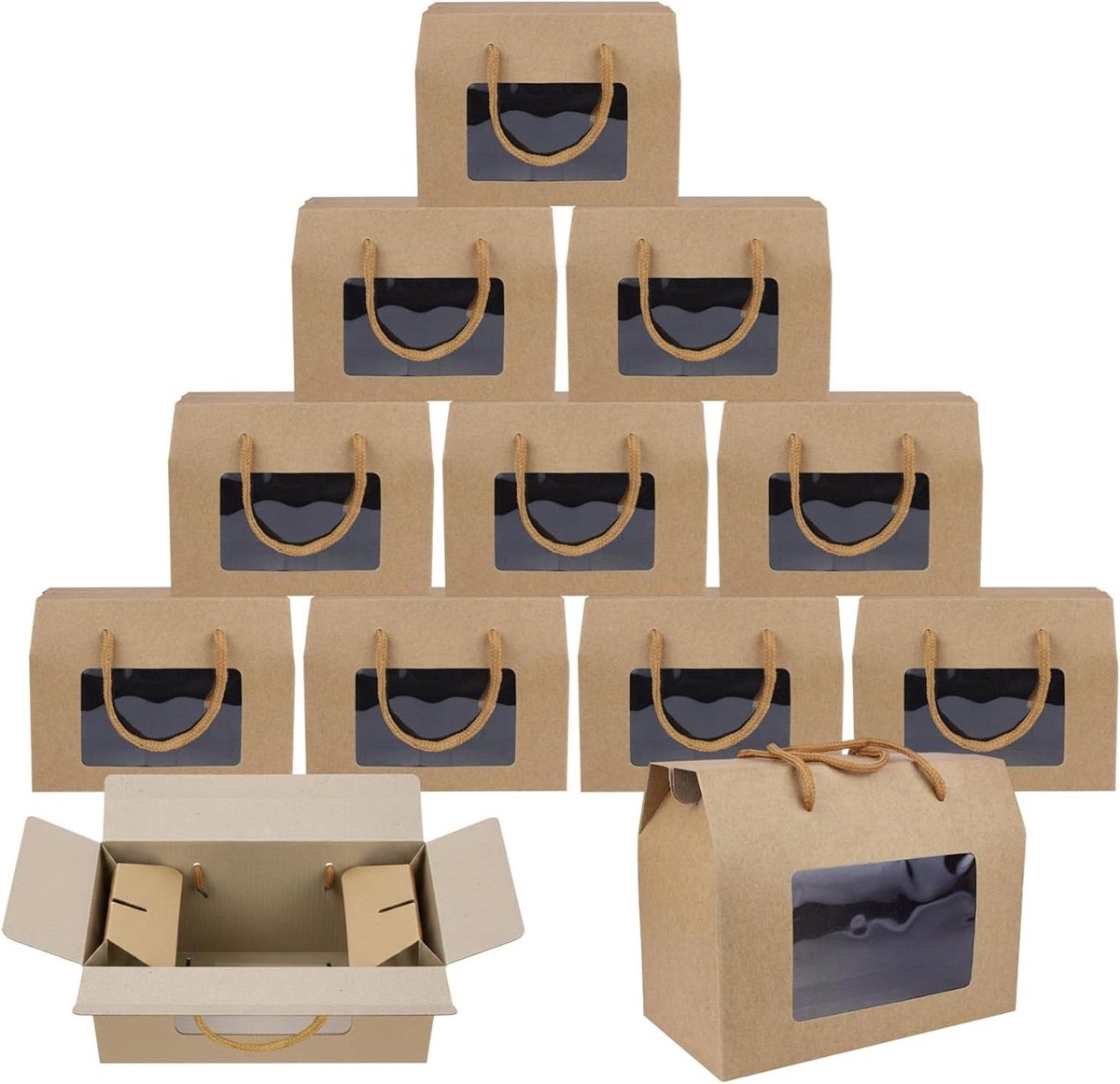 Emartbuy Strong Paper Stand Up Gift Box Bag, 20cm x 15cm x 11cm, Brown Kraft Bag Box, Cupcakes, Cookies, Muffin Cake Box, with Clear Window and Carrying Handle, 24pcs