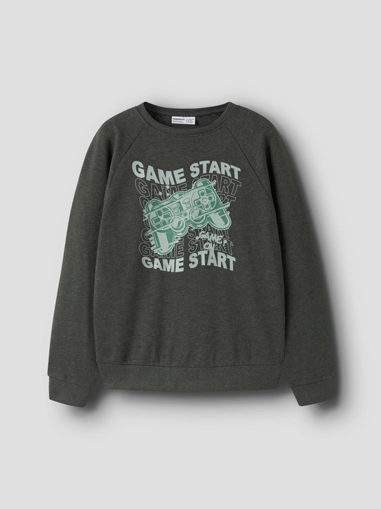 Donkergrijze sweater met print van een groene videogamecontroller en de tekst 'GAME START'.