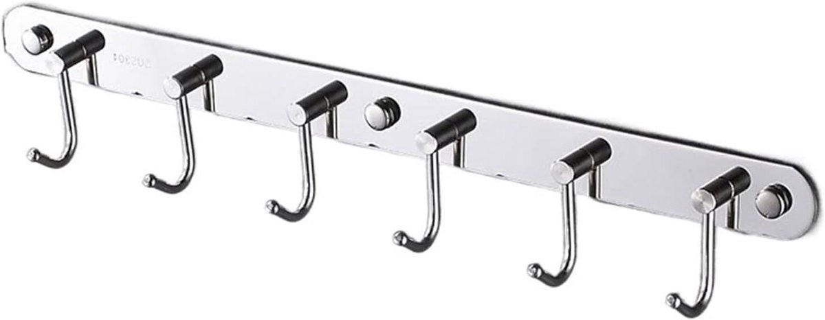 Wandkapstok RVS - Muurhaken Hanger - Ruimte Besparen - Zes Haken - 388 cm Lengte - Zilverk