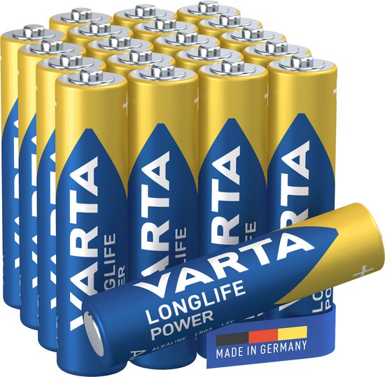 VARTA Longlife Power AAA batterijen in blauw en geel, met een stapel van 20 stuks.