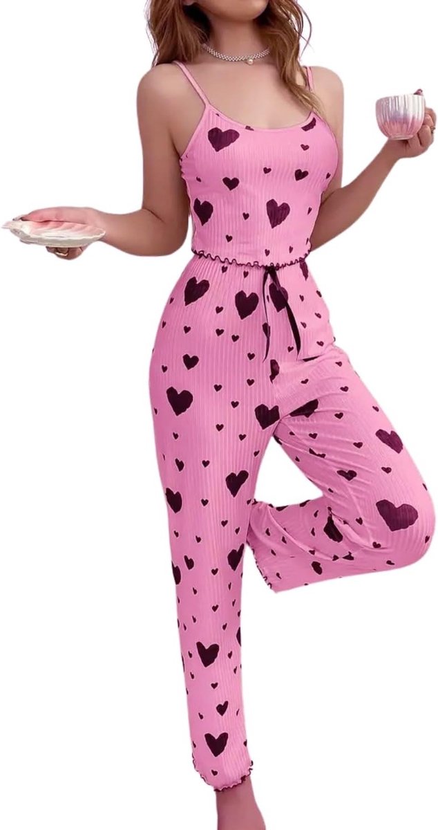 2-delige Pyjama Set met Hartprint Camisole en Broek - Sexy en Comfortabele Nachtkleding voor Dames
