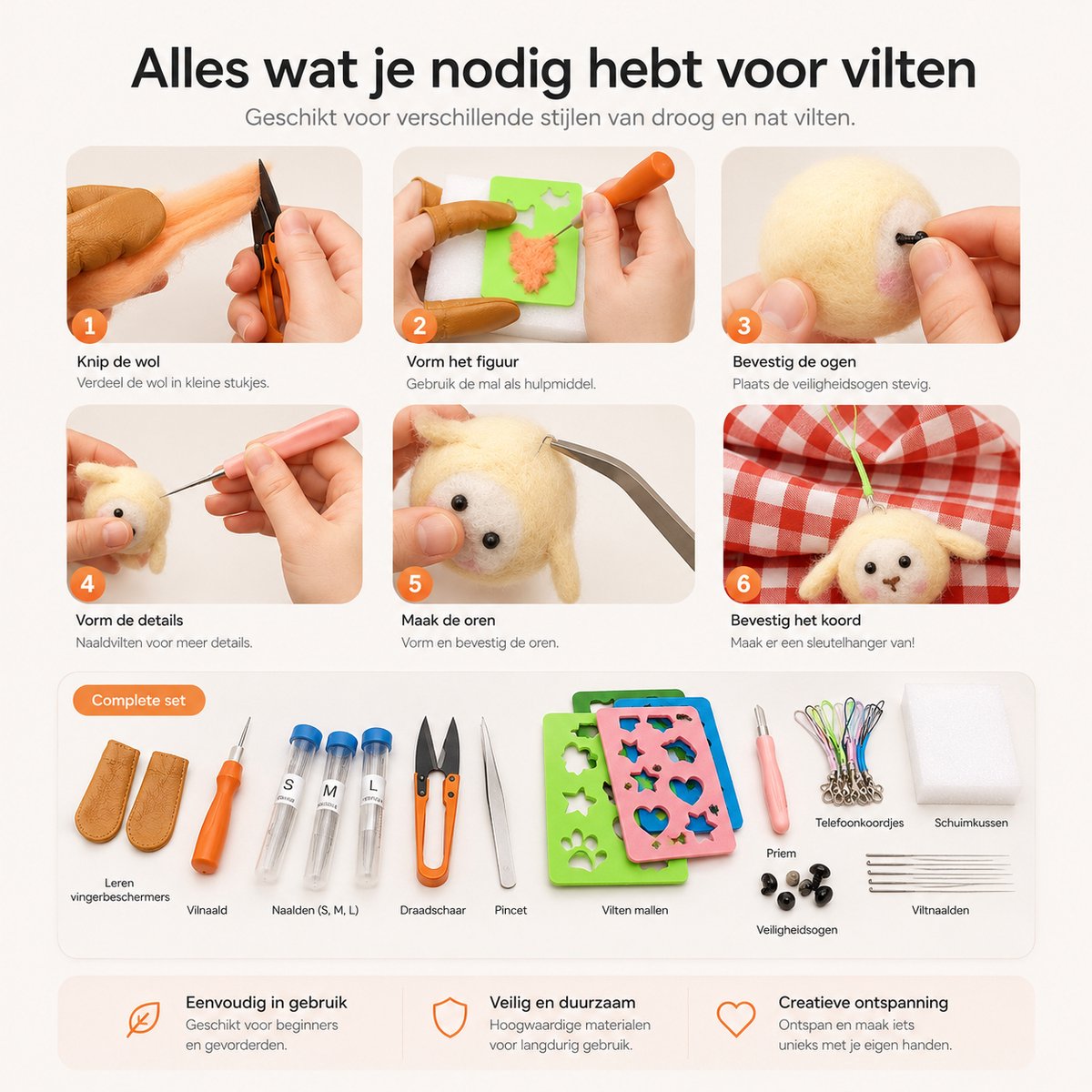 BOTC Naaldvilten - Starterset - Incl. Tools en doos - Needle felting - Pakket - Gekaarde wol - Viltnaalden - Oranje — afbeelding 4