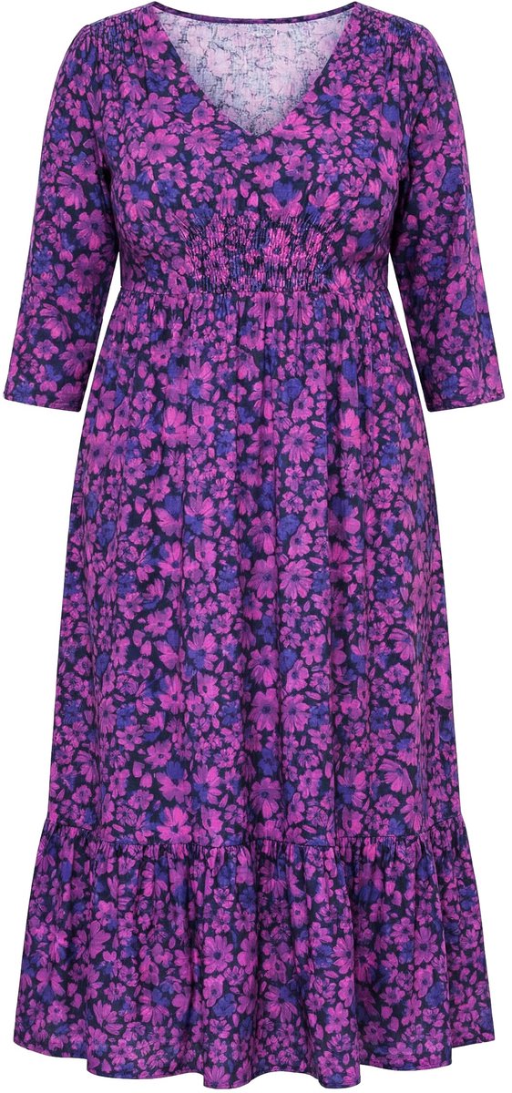 Ulla Popken Dames - Jersey jurk bloemen A-lijn V-hals 3/4-mouwen - Licht fuchsia - Maat 66+